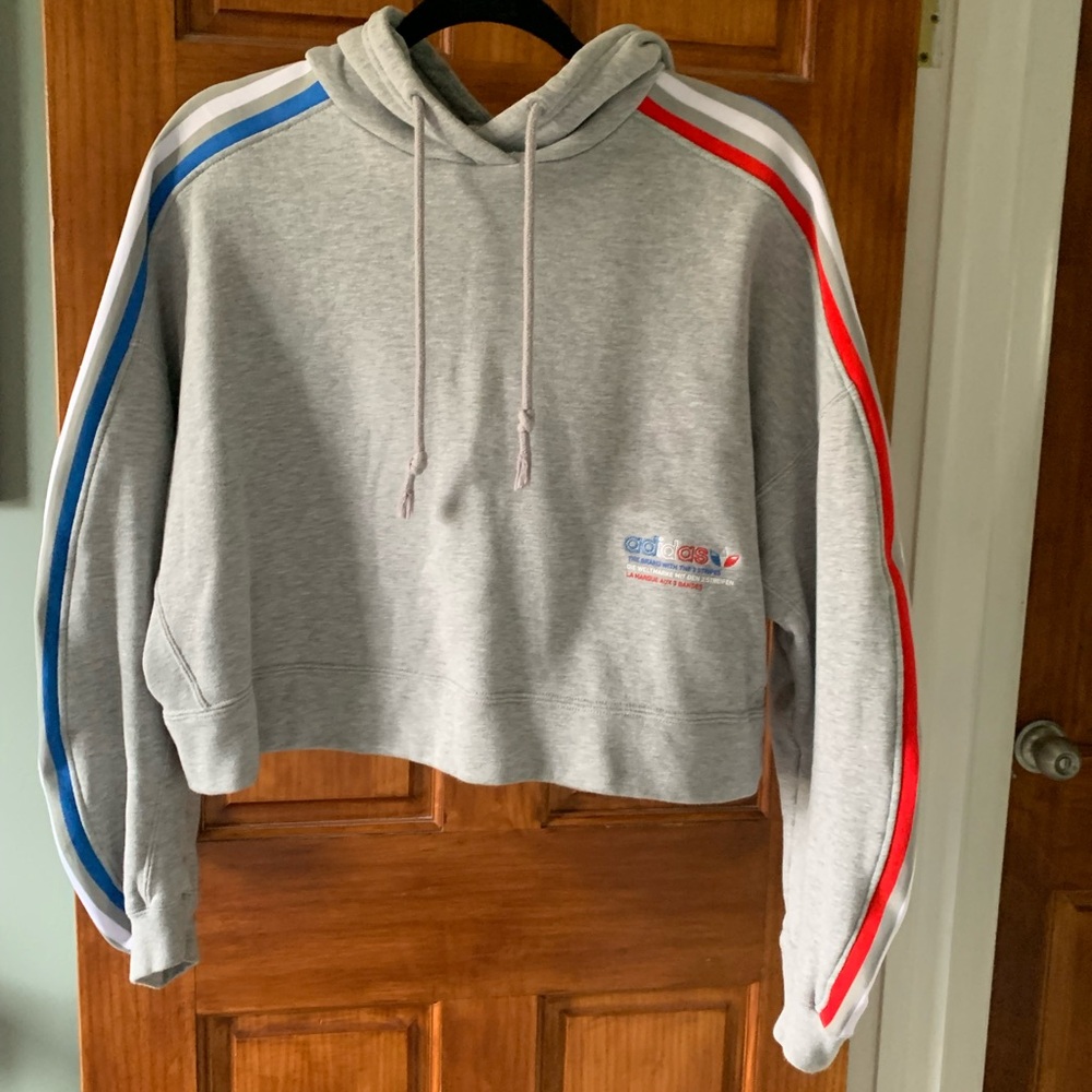 Adidas Cropped Hoodie with Red & Blue Stripe Detail